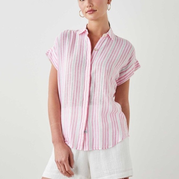 Rails Tops - Rails Striped Pink White Jamie Kokomo Stripe Button Down Short Sleeve Top linen